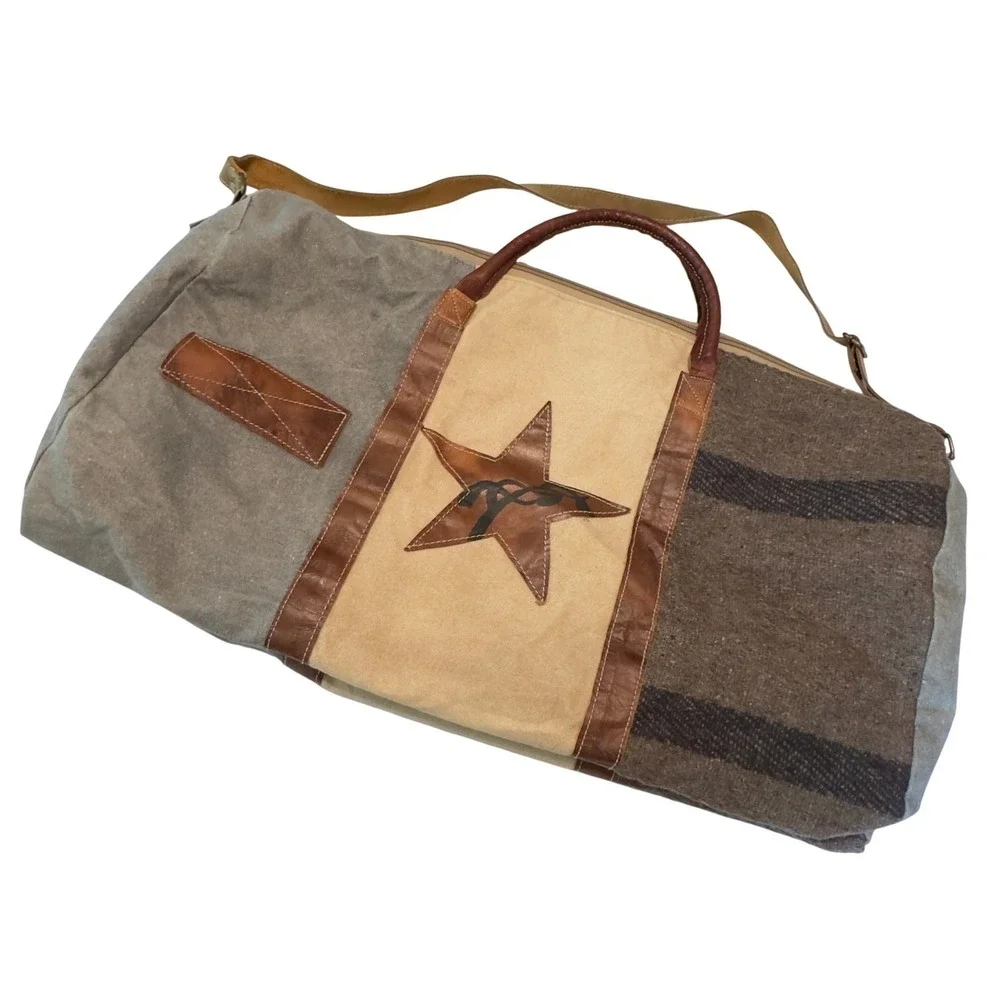 The Barrel Shack Canvas Leather Duffel Bag Weekender Travel Bag Star Graphic